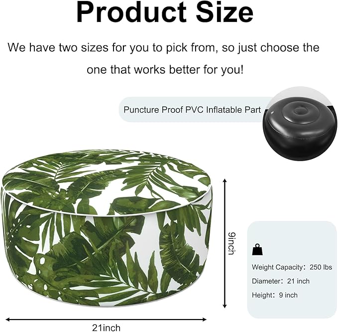 Inflatable Ottoman Stool D21 xH9 for Outdoor/Indoor Use, Water Repellent Patio Foot Rest Stool with Portable Handle,Round Pouf Ottoman Suitable for Garden,Deck and Camping - Palm Green-Ruum Studio Home