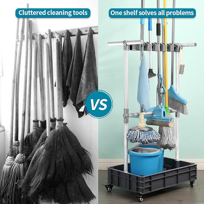 Broom And Mop Holder Put Wet Mops Movable Floor-Mounted Mop Rack Floor Standing Cleaning Tool Cart Storage For Garden Garage Schools, Hospitals, Factories, Hotels,Property Companies (12racks)-Ruum Studio Home