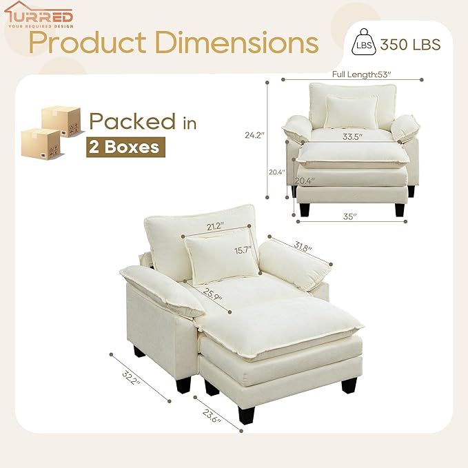 URRED Modular Sectional Sofa Comfy Cloud Couch, Modern Chenille Sofa Sleeper Deep Seat Couches with Ottoman/Pillows for Living Room (White, 53''- Ottoman)-Ruum Studio Home