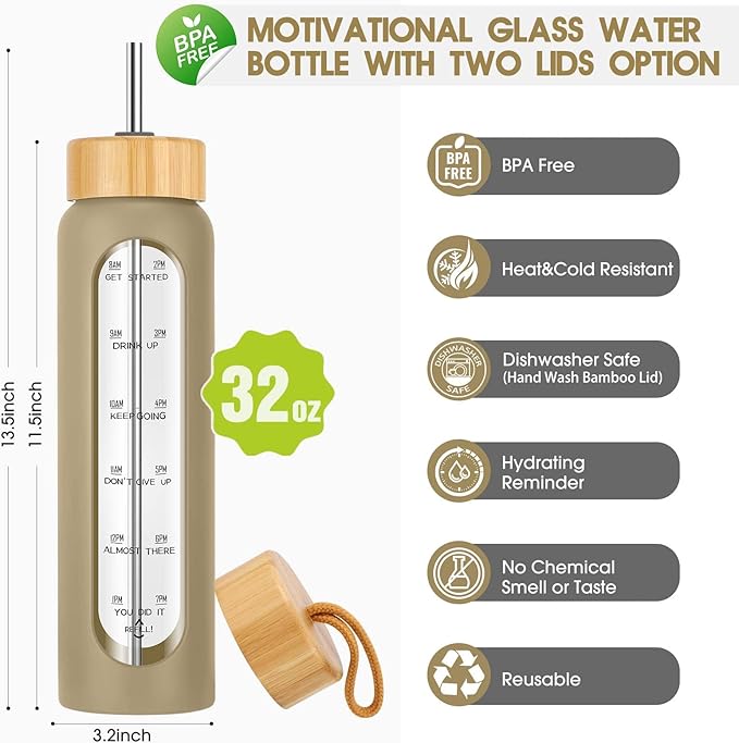 32 oz Glass Water Bottle with Straw - Motivational Time Marker & Silicone Sleeve - Reusable Tumbler Includes 2 Bamboo Lids & Fruit Infuser - 1 Pack-Ruum Studio Home