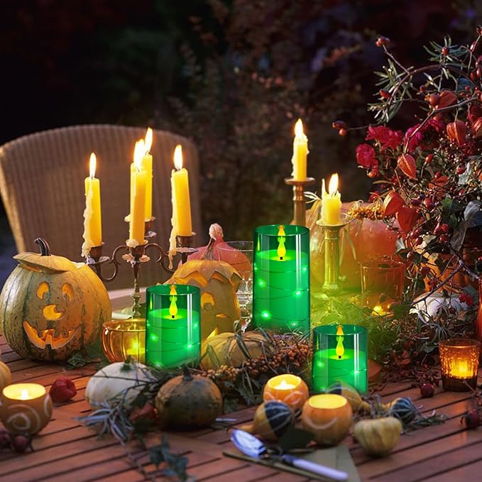 NURADA Flickering Flameless Candles: Built-in Star String Acrylic Battery Operated LED Pillar Candles with Remote and Timer for Home Party Weddings Christmas Halloween Decor -Green 3 Pack-Ruum Studio Home