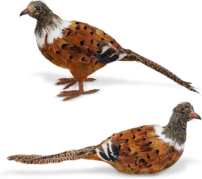 Nature Vibe Feathered Pheasant Decor Set of 2,Simulation Woodland Animals Figurines with Natural Pheasant Feathers as Fall Home Decor or Gifts for Autumn Harvest Festival-Ruum Studio Home