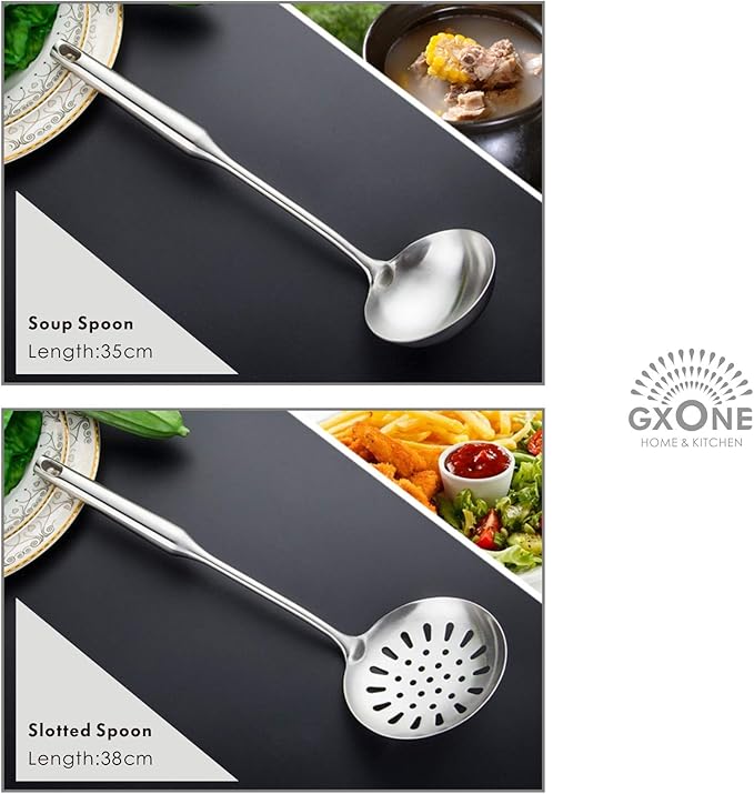Kitchen Utensil Set – 6 Piece Stainless Steel Cooking Utensils with Rotating Holder Organizer Includes Slotted Spoon, Slotted Spatula, Large Spoon, Soup Ladle, Spatula, Pasta Server Silver/7PCS-Ruum Studio Home