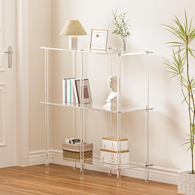 Acrylic Console Table, 29.53" Modern Entryway Table with Storage Shelves, 3 Tier Layer Storage for Foyer, Living Room, Clear.-Ruum Studio Home