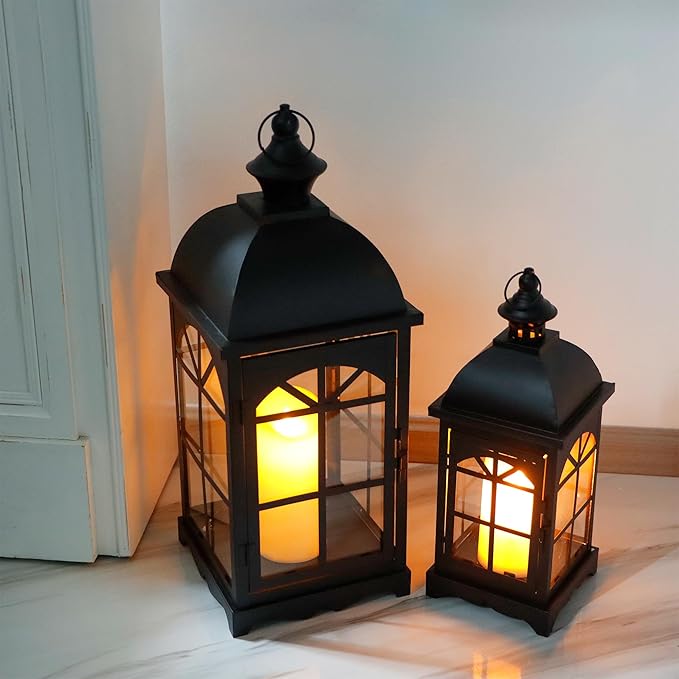TRIROCKS Set of 2 Decorative Vintage Candle Lanterns 14.5"&20" H Farmhouse Outdoor Hanging Lanterns with Tempered Glass for Porch, Balcony, Patio, Home, Centerpieces, Indoor, Outdoor(Black)-Ruum Studio Home