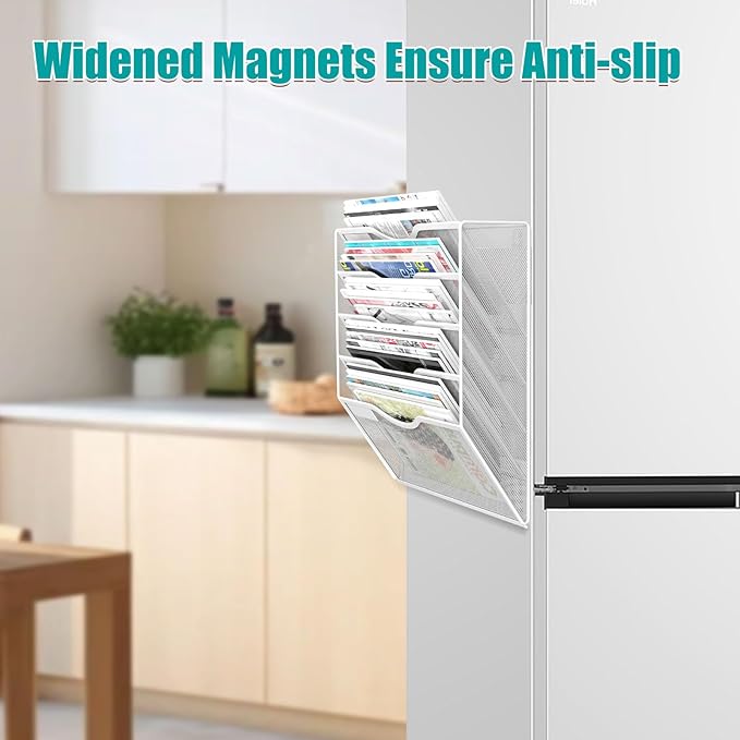 5-Tier Magnetic File Organizer, No Drilling Installation, White Magnetic Paper Holder, Magazine Rack for Refrigerator and File Cabinets-Ruum Studio Home