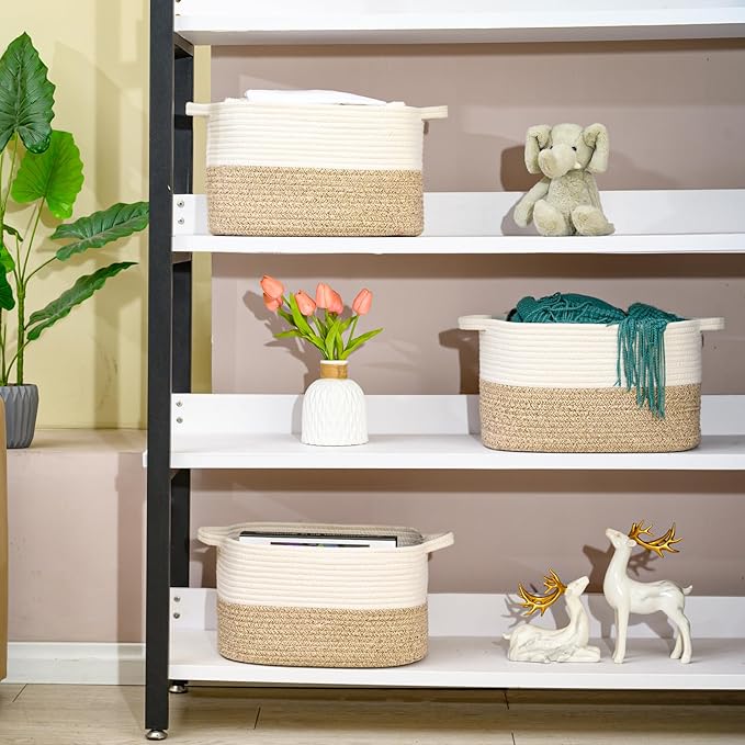 Cotton Rope Woven Storage Basket, Used for Baby Hamper Toy Organizer, Gift Baskets Empty,Kids Laundry Basket,Baby Blanket Basket. Size 15x10x8.7 Inches. (White&Brown-3PCS)-Ruum Studio Home