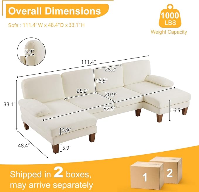 Karl home U-Shape Sectional Sofa Couch 111" Modern 4-Seat Sofa with Chaises Chenille Fabric Upholstered Covertible Couch with Wood Grain Legs for Living Room, Reception Room, Apartment, Beige-Ruum Studio Home