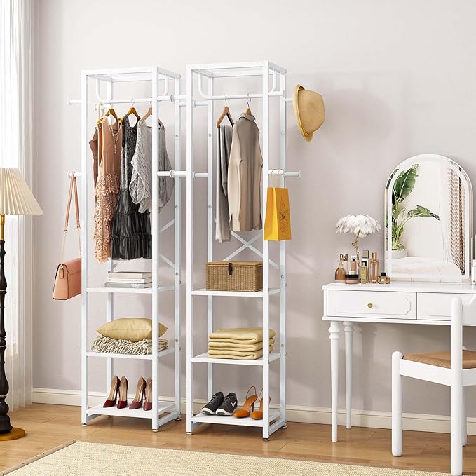 IBUYKE Coat Rack with Shelves, Freestanding Hall Tree with 3 Shelves and 8 Hooks, Industrial Clothes Stand for Entryway, Hallway, Bedroom, White UTMJ088W-Ruum Studio Home