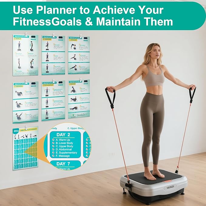 Vibration Plate Exercise Machine Poster - Upgraded 6 Workout Guidance & 10 Pcs Planner & 10 Pcs Double-Sided Clips, Comprehensive Whole Body Wave Vibrating Workout Chart, Pink-Ruum Studio Home