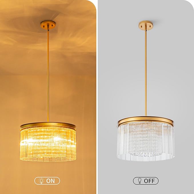 4-Lights Drum Glass Chandelier, Modern Style Light Fixture for Dining Room, Bedroom, Ripple Glass Shade & Brass Finish, D16.5 * H18~48 inch (Adjustable Height)-Ruum Studio Home