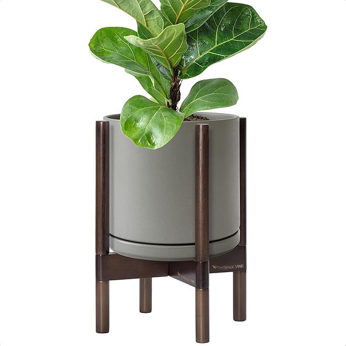 D'vine Dev Ceramic Planter with Walnut Color Stand - 10 Inch Modern Round Flower Pot with Wood Planter Holder, Grey, 55-B-X-3-Ruum Studio Home
