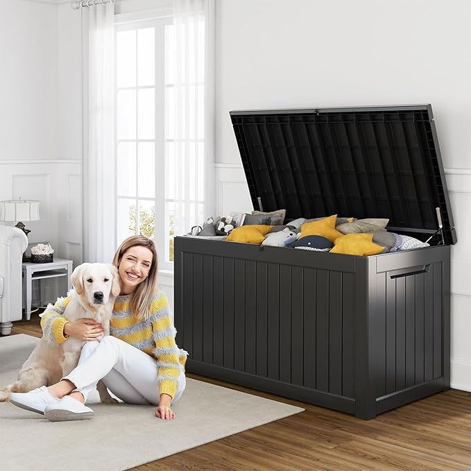230 Gallon Resin Deck Box, Lockable Patio Outdoor Storage Box for Furniture, Garden Tools and Tools Storage, Waterproof Outside Storage Boxes - Black-Ruum Studio Home