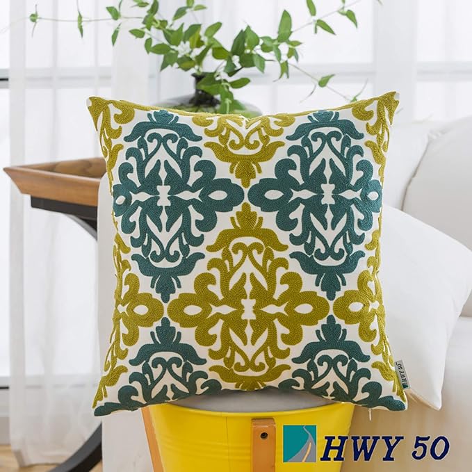 HWY 50 Decorative Throw Pillow Covers 18x18 Inch (1 Piece), Embroidered Cotton Farmhouse Cushion Cover Pillow Case for Sofa Couch Living Room Bed Bedroon, Blue and Green Floral Geometric-Ruum Studio Home