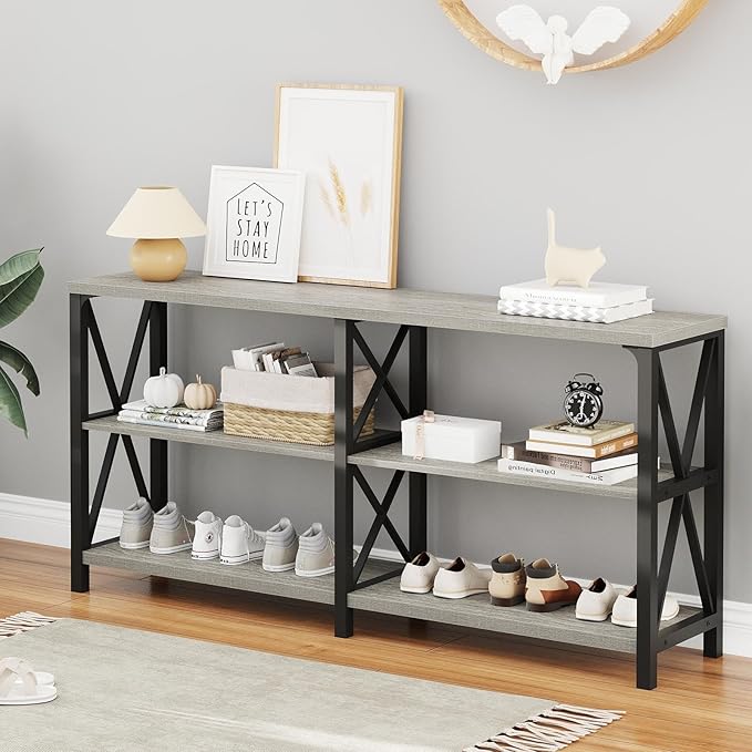 LVB Industrial Entryway Table, Farmhouse Rustic Console Table Behind Couch, Long Metal Wooden Sofa Table with Storage Shelf, Modern Foyer Hallway for Living Room Bedroom, Light Grey Oak, 63 in-Ruum Studio Home