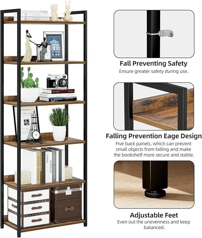 NUMENN Bookshelf, 6 Tier Bookshelves, Home Office Bookcase Shelf Storage Organizer, Free Standing Storage Shelving Unit for Bedroom, Living Room and Home Office, Vintage-Ruum Studio Home