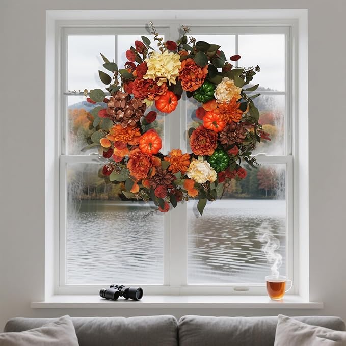 Fall Wreaths for Front Door 24 Inch with Realistic Pumpkin Hydrangea Peony Dahlia Flower, Thanksgiving Harvest Autumn Wreath for Indoor Outdoor Decor, Rustic Farmhouse Seasonal Decoration-Ruum Studio Home