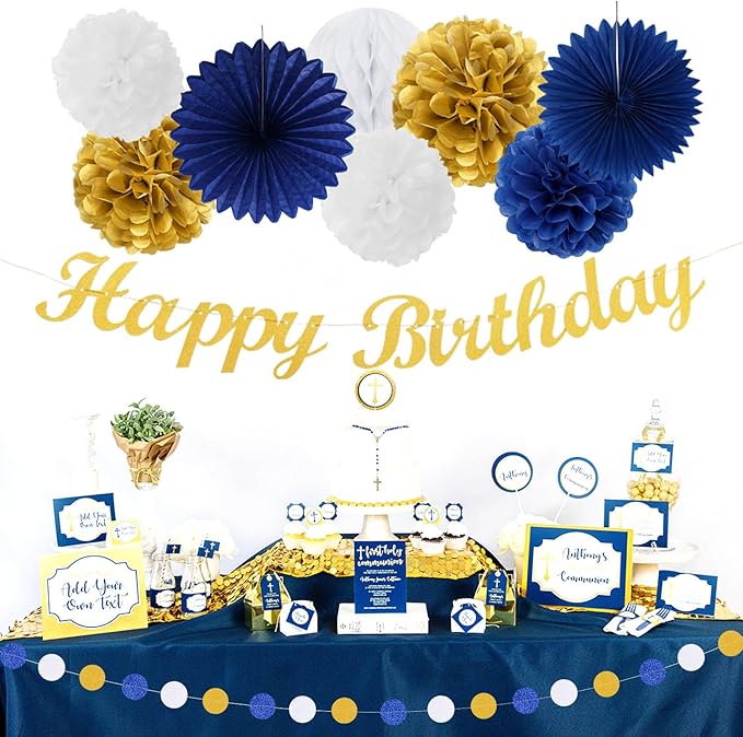 Navy-Blue Gold Birthday Party-Decorations Paper-Flowers - 14pcs Happy Banner Royal Lanterns Tissue Pom Poms,Men Streamers Garland Fans Honeycomb,Teen Boys Male Kids Hanging Supplies Decor Hugfond-Ruum Studio Home