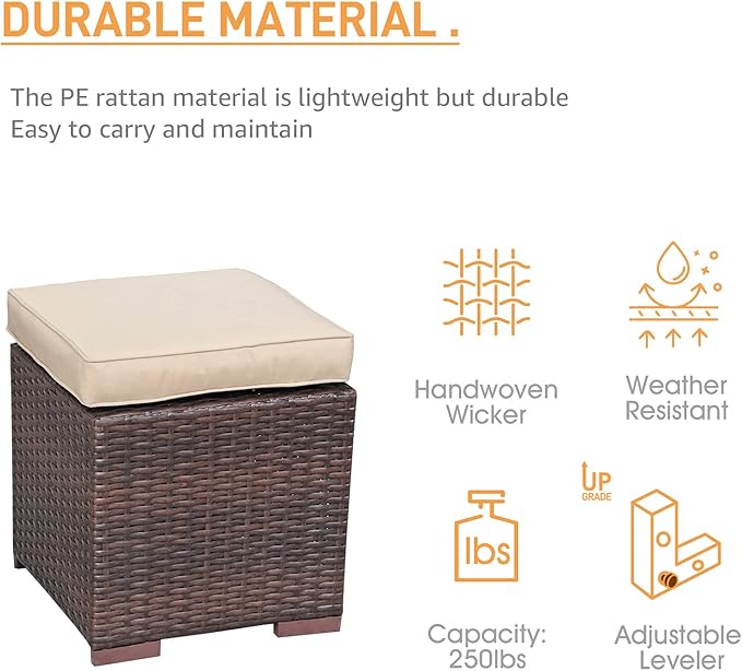 Patiorama 2 Pieces Assembled Outdoor Patio Ottoman, Indoor Outdoor All-Weather Dark Brown Wicker Rattan Outdoor Footstool Footrest Seat with Beige Cushions, No Assembly Required-Ruum Studio Home