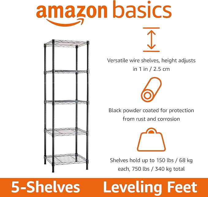 Amazon Basics 5-Shelf Tower Adjustable Storage Shelving Unit, Black, 16 D x 16 W x 54 H in-Ruum Studio Home