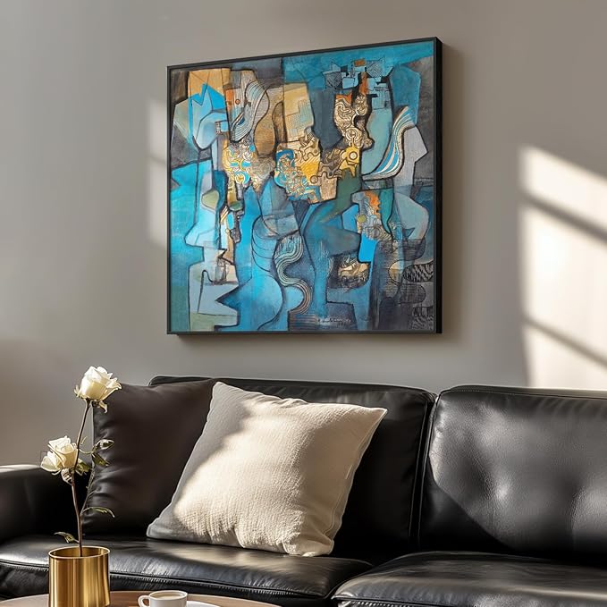 Framed Blue Modern Abstract Wall Art, Large Canvas Paintings Artwork for Walls, Minimalist Art Prints Pictures for Living Room, Hallway, Bedroom, Office, Bathroom Wall Decor -24x24 Inch-Ruum Studio Home