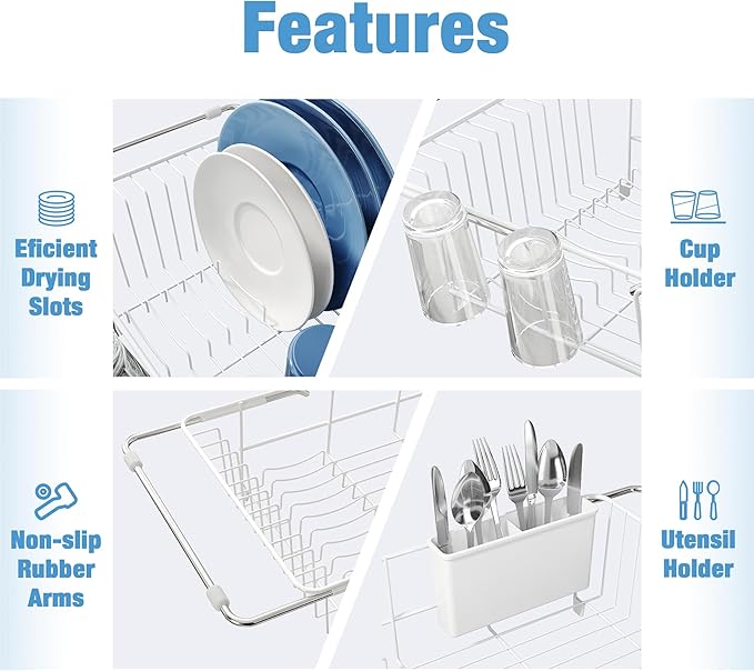 Dish Drying Rack in Sink, Small Dish Drainers for Inside Sink, Over The Sink Dish Racks, Stainless Steel Drying Rack with Utensil Holder, White-Ruum Studio Home