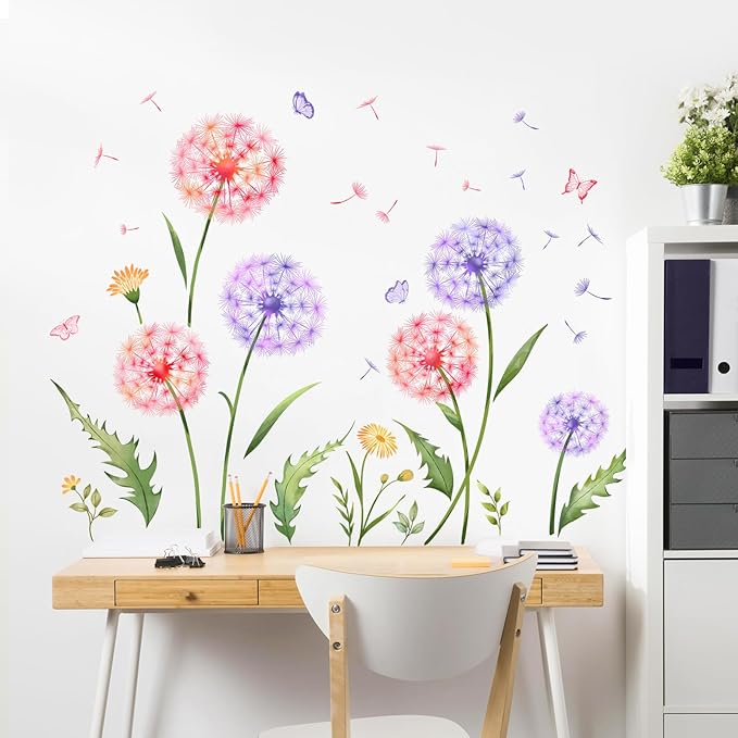 Dandelion Flower Butterfly Wall Decals Pink Purple Dandelion Plants Wall Stickers Peel and Stick Vinyl Wall Art Decor for Living Room Bedroom Office TV Sofa Backdrop Home Decor Gifts for Mom-Ruum Studio Home