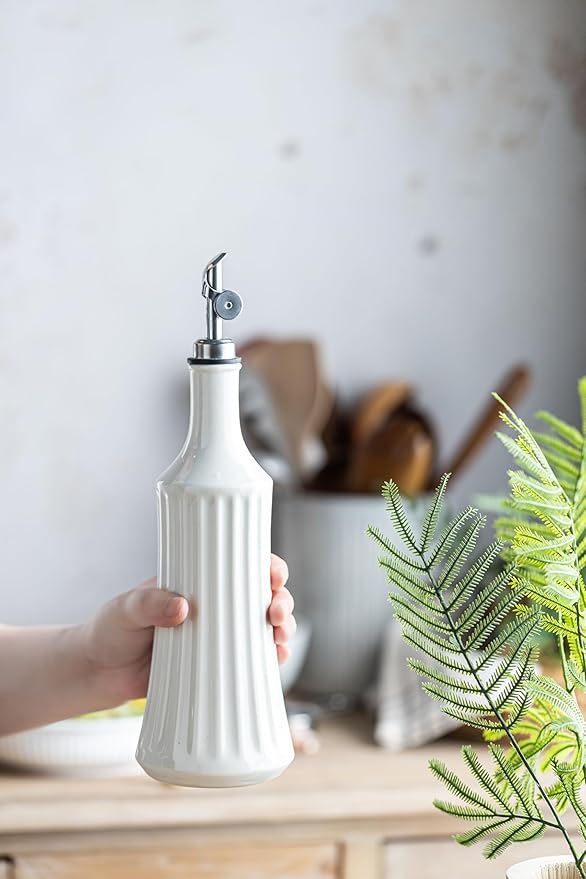 LYEOBOH Olive Oil Dispenser Bottle, Oil Dispenser for Kitchen, Ceramic Cooking Vinegar Dispensing Bottles with Spout, White-Ruum Studio Home
