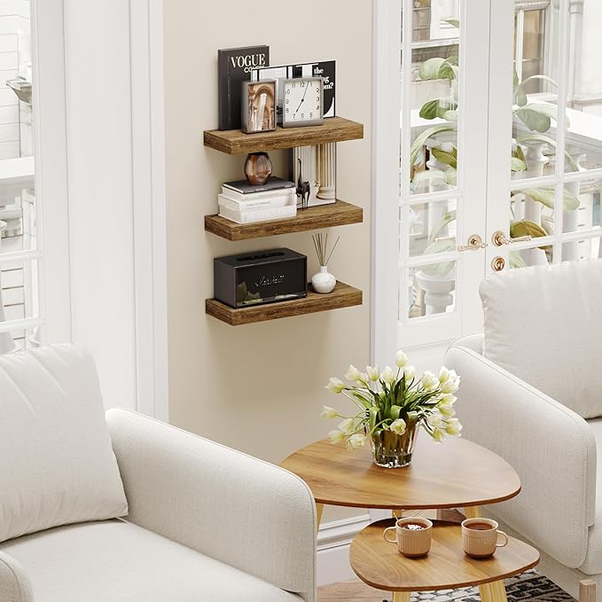BAMEOS Floating Shelves, 16x6 Wall Mounted Wooden Shelves with Invisible Brackets Set of 3, Hanging Wall Shelves Decoration for Bedroom, Bathroom, Living Room and Kitchen-Ruum Studio Home