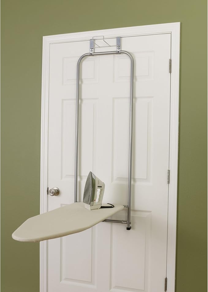 Household Essentials 144222 Over The Door Small Ironing Board with Iron Holder, Natural Cotton Cover Silver-Ruum Studio Home