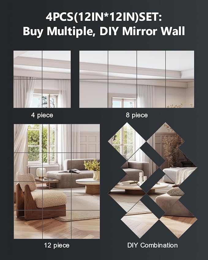 Full Length Wall Mirror Tiles, 12'' x 12'' x 4PCS, Acrylic Unbreakable Full Body Mirror for Bedroom Squares Shatterproof Mirror Sheets Wall Mounted for Home Gym Door Plexiglass Mirrors Safe for Kids-Ruum Studio Home