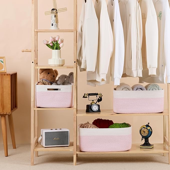 Large Storage Baskets for Shelves, Closet Organizers Bins for Clothes Blanket Towels, Baby Nursery, Toy Baskets Box, Woven Rope Baskets, 17 x 13 x 7.5”, 2 Packs Woven Pink-Ruum Studio Home