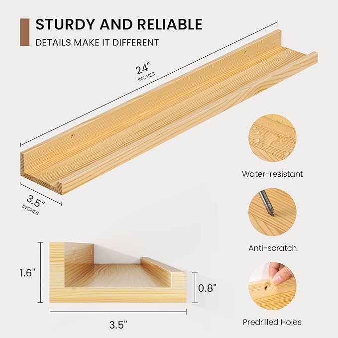 Picture Ledge Shelf, Solid Pine Wood Floating Shelves Set of 2, 24 Inches Nursery Book Shelves for Toys Storage, Kids Bookshelf Wall Mounted for Living Room Bedroom Decor Books Photo Frames, Natural-Ruum Studio Home