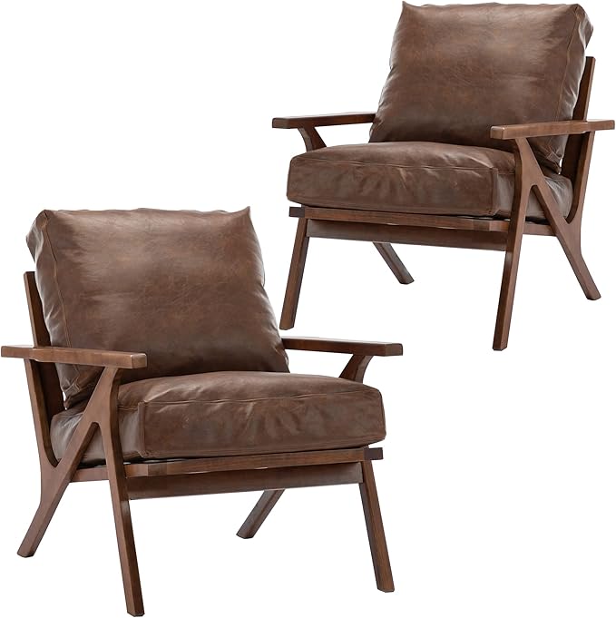 Wahson Brown Leather Accent Chair - Mid Century Modern Retro Upholstered Armchair with Wood Frame and Removable PU Cushions - Large Compfy Leisure Slipper Chair for Living Room/Bedroom (Set of 2)-Ruum Studio Home