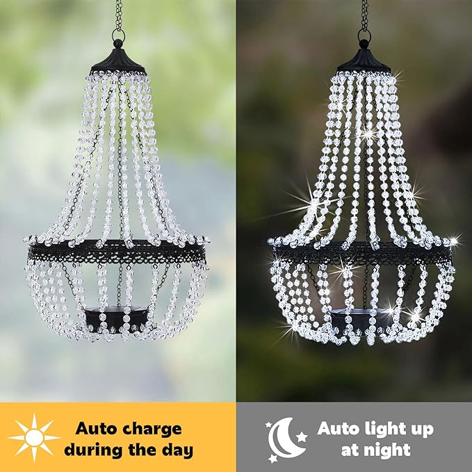 Hanging Solar Chandelier Outdoor, 30 Cool White Lights Acrylic Clear Beaded Chandelier with S Hooks Modern Lantern for Garden Yard Patio Gazebo Decorations, 28”H-Ruum Studio Home