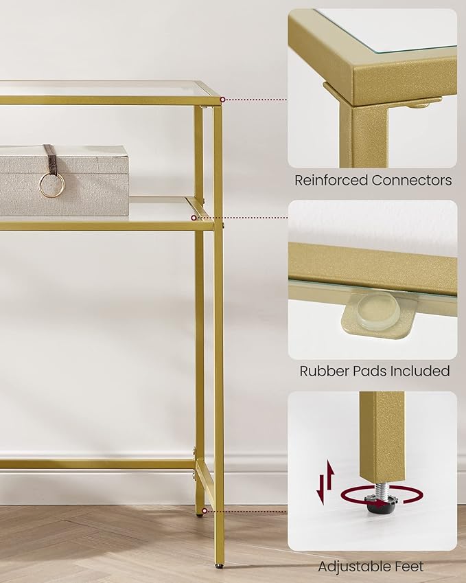 VASAGLE 39.4 Inch Console Sofa Table, Modern Entryway Table, Tempered Glass Table, Metal Frame, 2 Shelves, Adjustable Feet, for Living Room, Hallway, Gold Color ULGT025A01-Ruum Studio Home