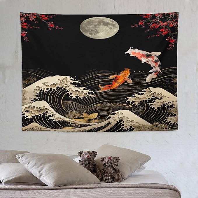 Houselerax Koi Fish Tapestry, Japanese Style Yin Yang Big Wave Cherry Blossom Tapestries Wall Hanging for Bedroom Living Room Office Decor 80"x60"-Ruum Studio Home