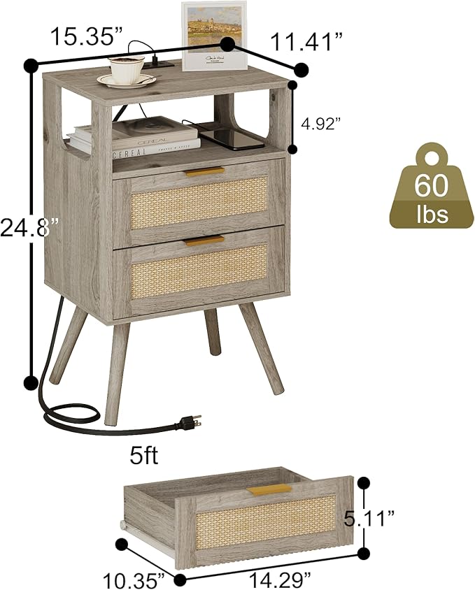 Rattan Nightstand with Charging Station,Modern Bedside Table with 2 Storage Drawer and Open Wood Shelf, for Bedroom and Small Spaces,Night Stand with Solid Wood Legs (Grey Oak)-Ruum Studio Home