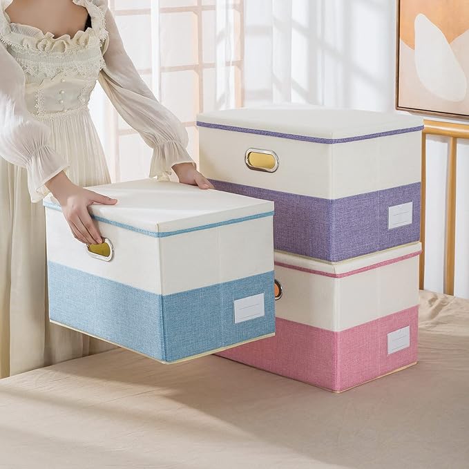 PRANDOM Collapsible Storage Bin with Lid [3-Pack] Fabric Foldable Storage Box Organizer Container Basket Cube with Cover for Home Bedroom Closet Office Nursery Pink&Cream(14.9x9.8x9.8)-Ruum Studio Home
