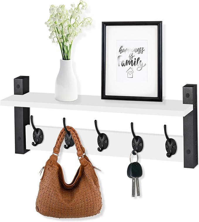 Sorbus Coat Hooks Wall Mount with Shelf – 24 Inch Coat Rack Wall Mount with 5 Heavy Duty Hooks – Floating Wall Shelf with Hooks for Entryway, Bathroom, Bedroom, Kitchen, or Mudroom (White)-Ruum Studio Home