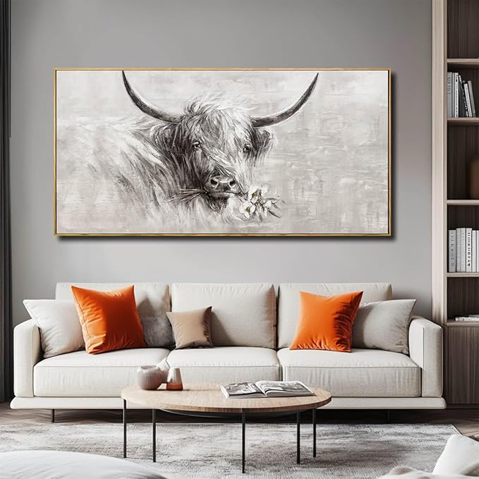 Farmhouse Decor Framed Wall Animal and Flower Artwork Grey Vintage Cow Wall Art with Frame for Living Room Bedroom Dining Room Office 29x58 Inch-Ruum Studio Home