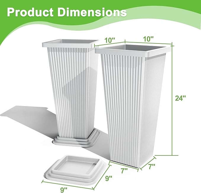FENCY Set of 2 Tall Planters for Outdoor Plants, 24 Inch Large Tapered Pots with Drainage Trays, Weather-Resistant Plastic Plant Containers for Patio, Porch, Garden, Front Door Decor,White, Striped-Ruum Studio Home