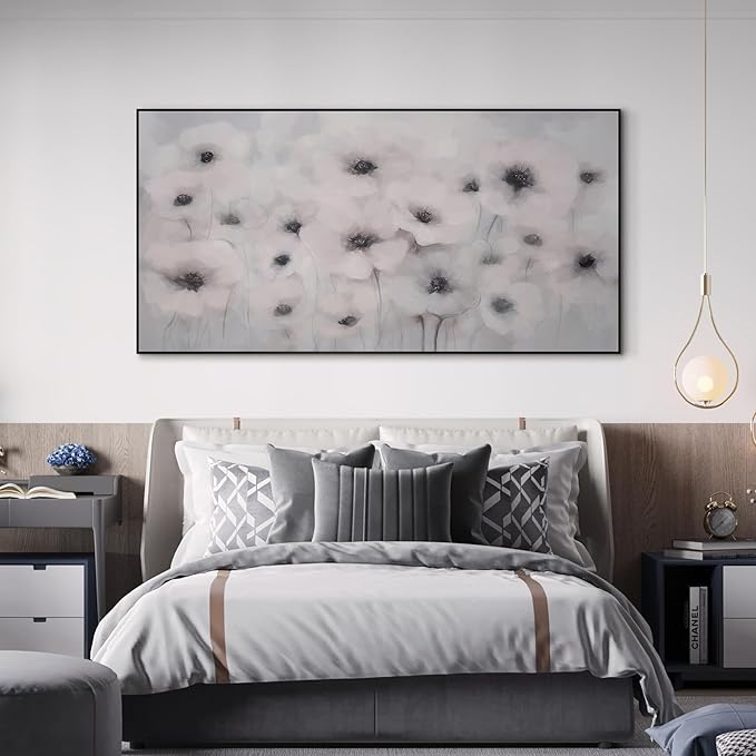24"x46" Extra Large Framed Wall Art Soft White Poppies Watercolor Floral, Delicate Botanical for Home Living Room Bedroom Decor (Frame Assembly Required)-Ruum Studio Home