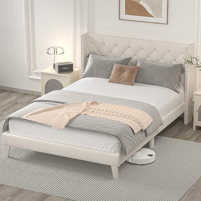 King Size Bed Frame with LED Lights, Upholstered Bed Frame with Wingback Diamond Tufted Headboard, Wood Slats Support, Noise-Free, Easy Assembly, No Box Spring Needed, Beige-Ruum Studio Home