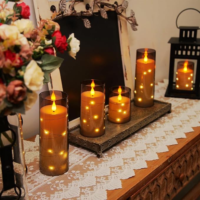 Homemory 9 Pcs Flameless Candles with Embedded Star String Fairy Lights, Battery Operated Candles, LED Fake Candles with Remote Control and Timer, Gray Acrylic-Ruum Studio Home