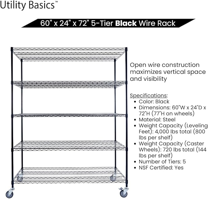 60"x24"x72" Black 5-Tier Premium Metal Wire Shelving NSF 4000 LBS MAX Capacity Heavy Duty Steel Storage Rack for Warehouse, Garage, Hospital, Commercial Space & School w/Premium Wheels-Ruum Studio Home