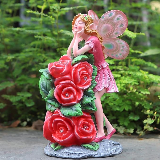Solar Garden Outdoor Statues Cute Flower Fairy with 7 LED Solar Figurine for Lawn,Patio, Balcony, Yard Unique Housewarming Gift, for Woman, Mom, Grandma-Ruum Studio Home