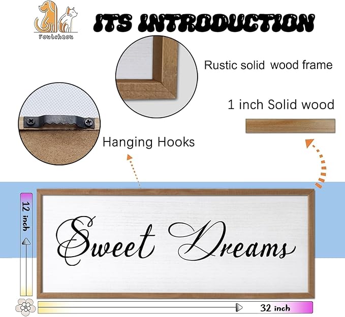 Sweet Dreams Wall Decor Above Bed 32x12 Inch Large Master Bedroom Hanging Wood Rustic Framed Farmhouse Sweet Dreams Sign Guest Room Aesthetic And Minimalist Over Bed Wall Art（Wood White）-Ruum Studio Home