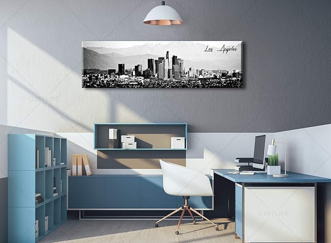 DJSYLIFE Los Angeles Skyline Wall Art Black and White USA Panoramic Cityscape Picture Canvas Prints Artwork for Bedroom Men Room Office Decoration Painting Ready to Hang 13.8"x47.3"-Ruum Studio Home