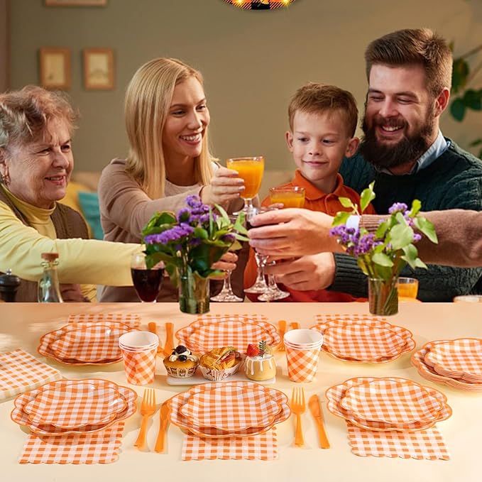 175 Pcs Orange and White Gingham Party Supplies - Orange Gingham Paper Plates and Napkins Sets Serve 25 - Scalloped Checkered Plates for Birthday Picnic Fall Halloween Thanksgivng Party Decorations-Ruum Studio Home